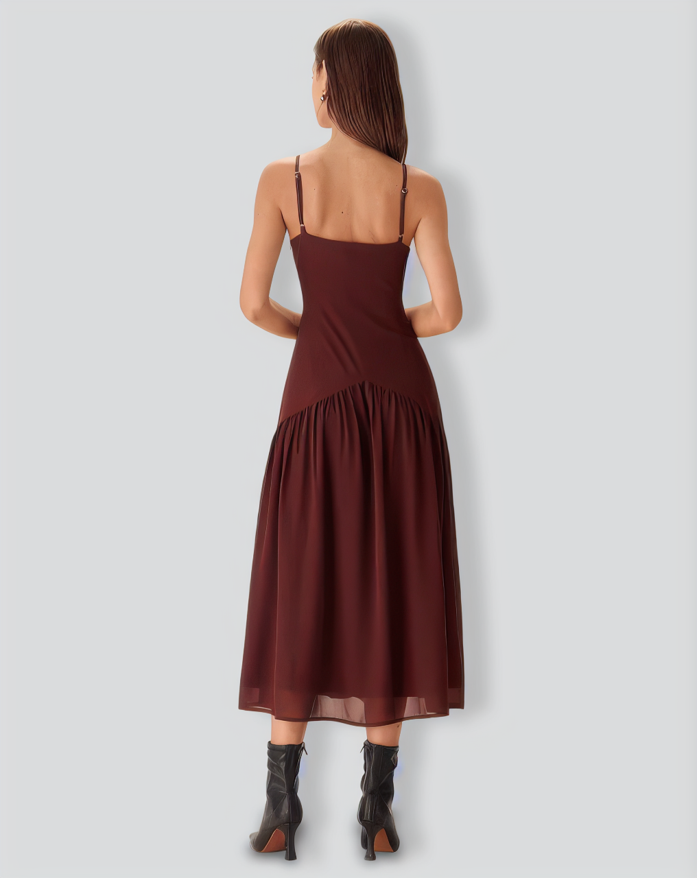 Brown Chiffon Ruched Slip Midi Dress
