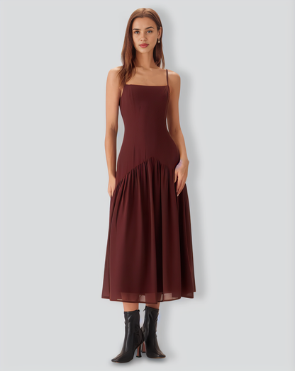 Brown Chiffon Ruched Slip Midi Dress
