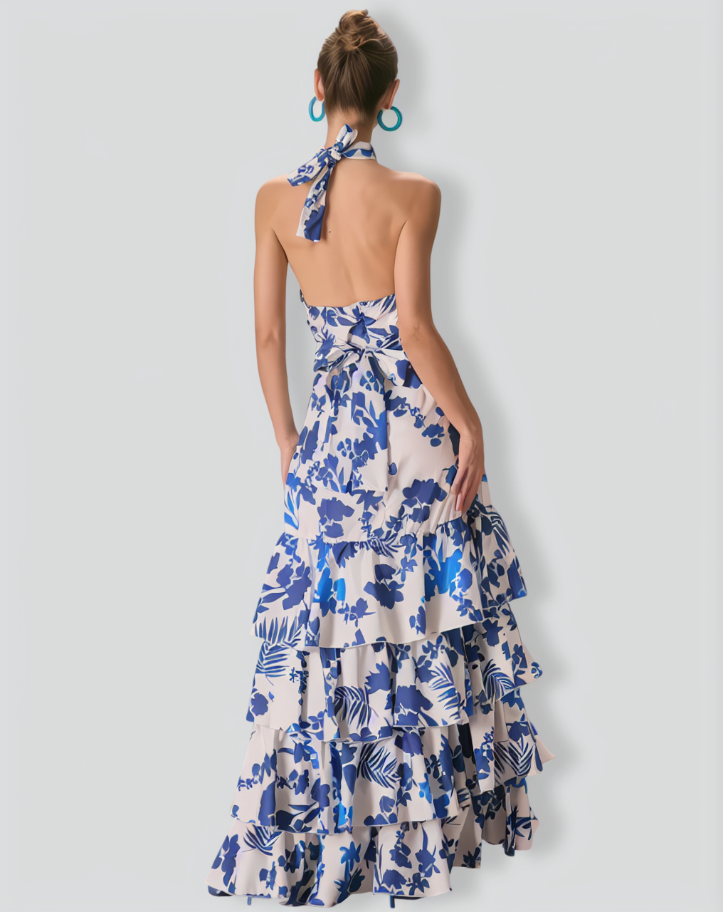 The Blue Halter Cut Out Ruffle Maxi Dress