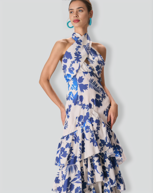 The Blue Halter Cut Out Ruffle Maxi Dress