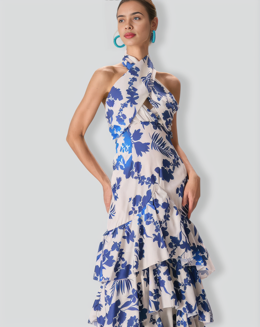 The Blue Halter Cut Out Ruffle Maxi Dress