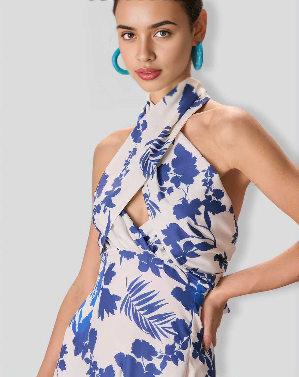 The Blue Halter Cut Out Ruffle Maxi Dress