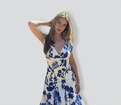 The Blue Halter Cut Out Ruffle Maxi Dress