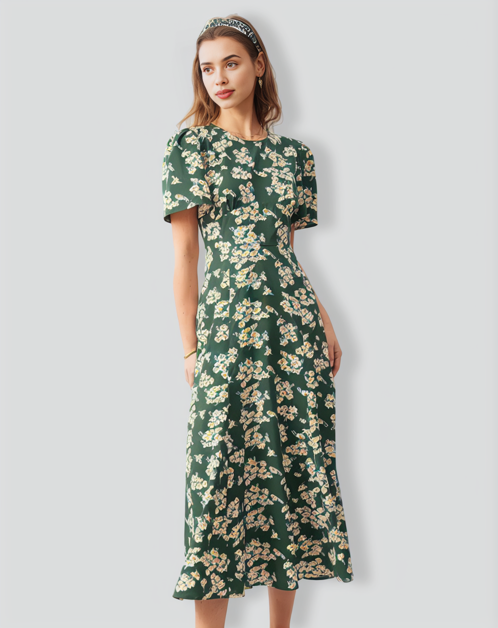 The Green Round Neck Short Sleeve Floral Midi Dress