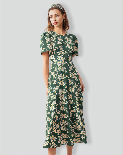 The Green Round Neck Short Sleeve Floral Midi Dress