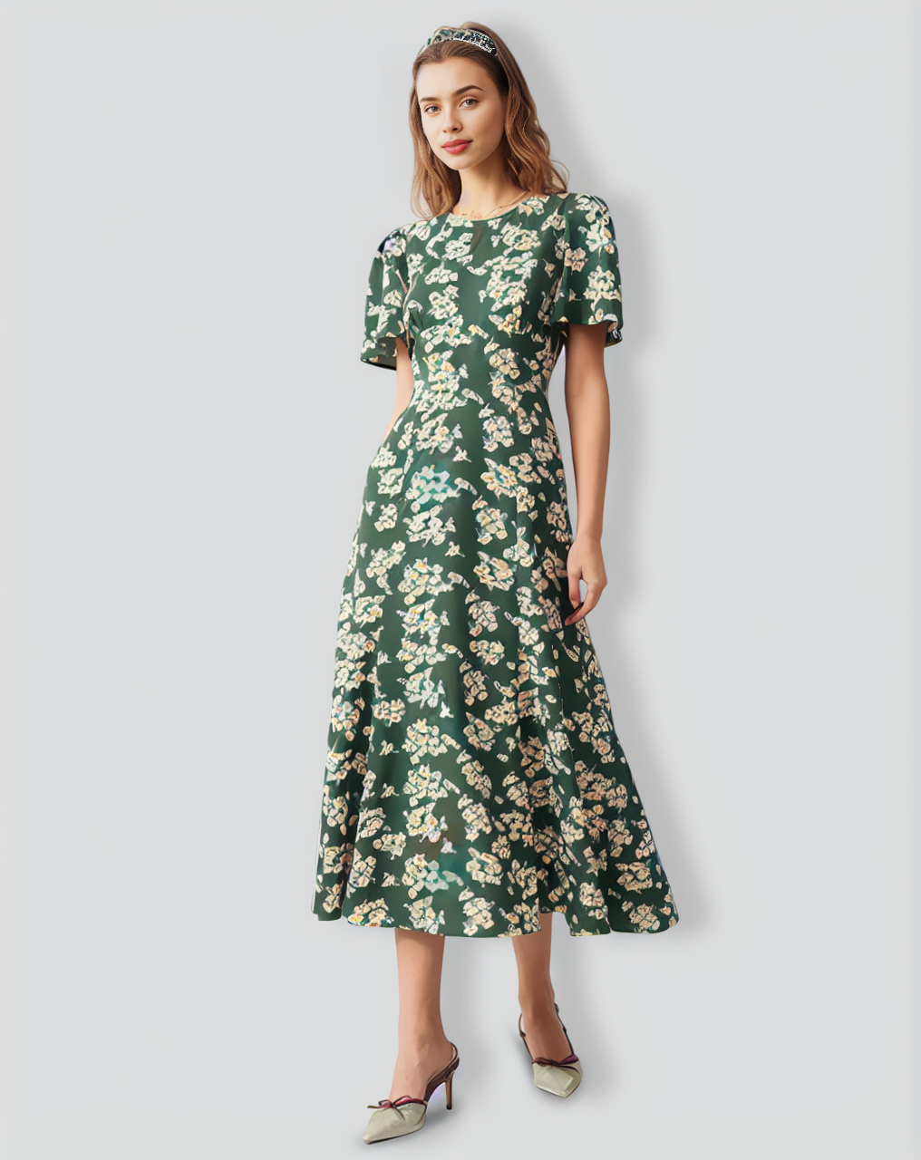 The Green Round Neck Short Sleeve Floral Midi Dress