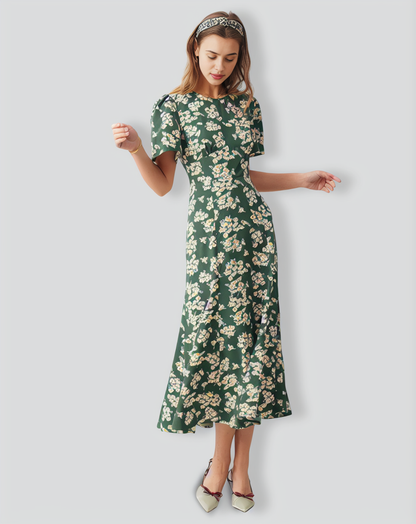 The Green Round Neck Short Sleeve Floral Midi Dress
