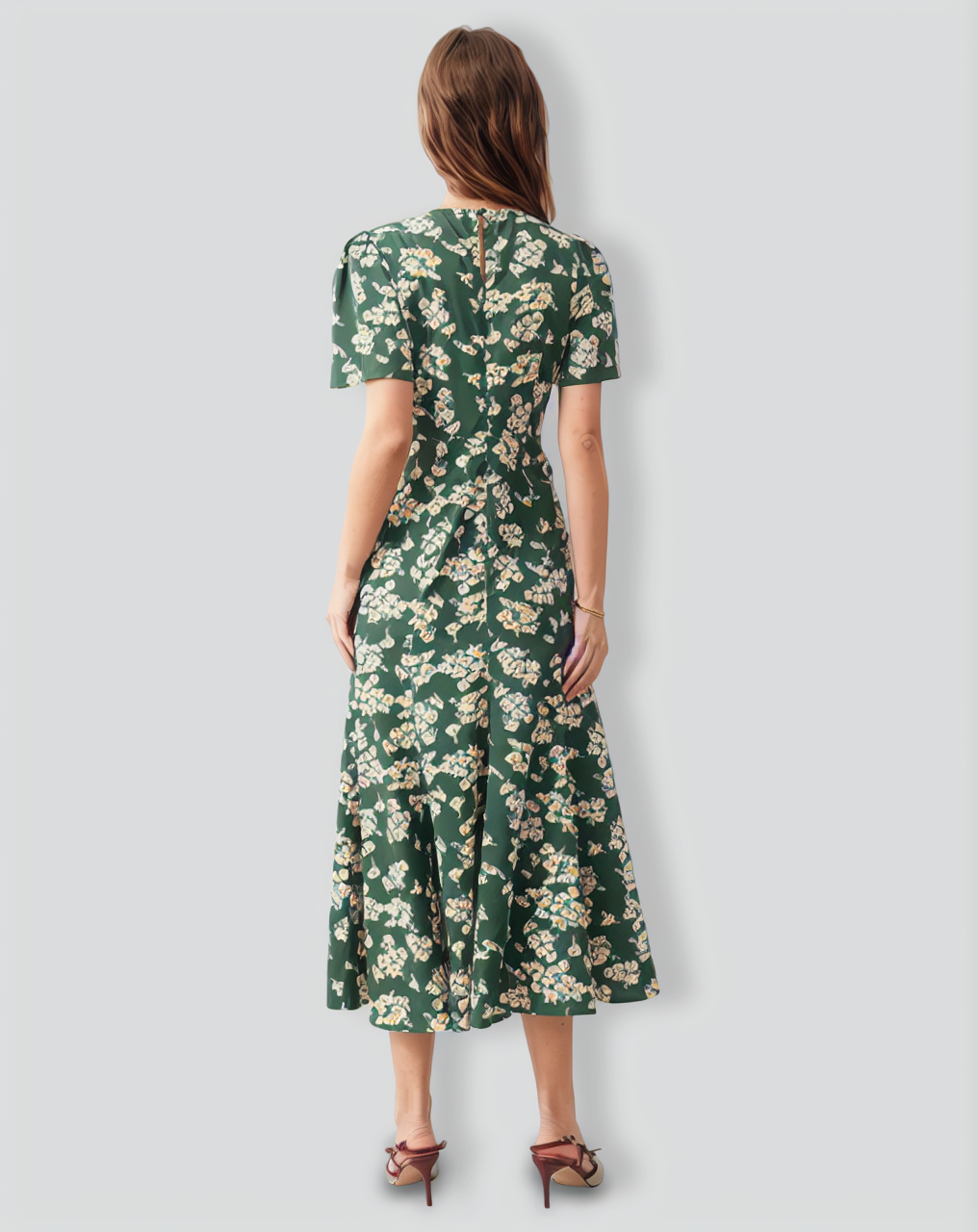 The Green Round Neck Short Sleeve Floral Midi Dress