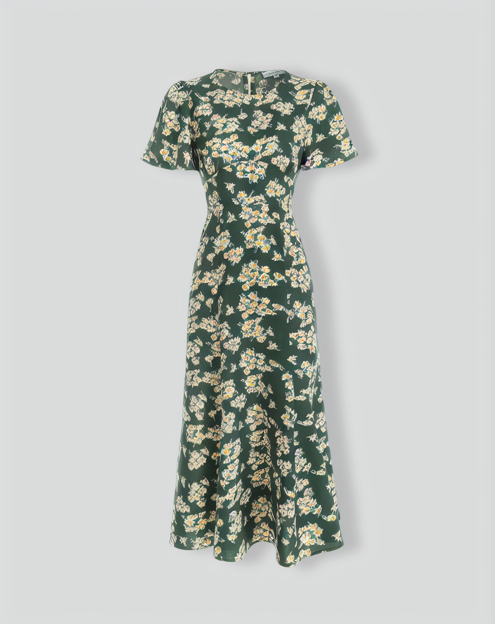 The Green Round Neck Short Sleeve Floral Midi Dress