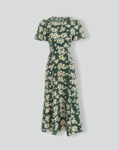 The Green Round Neck Short Sleeve Floral Midi Dress