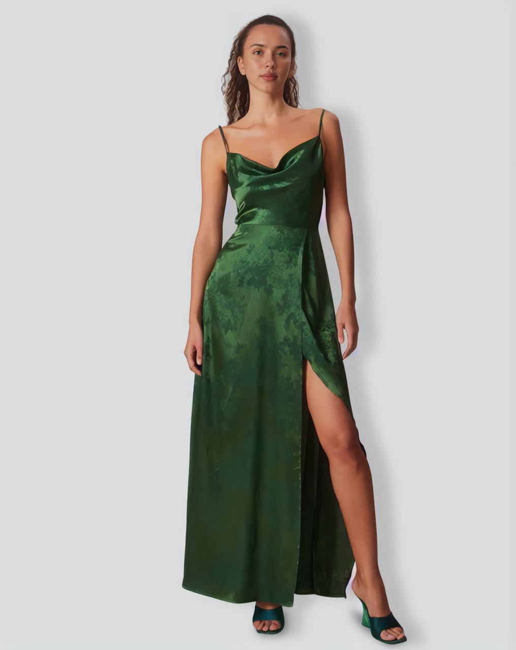 The Green Cowl Neck Jacquard Satin Maxi Dress