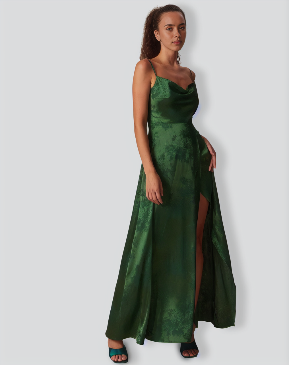 The Green Cowl Neck Jacquard Satin Maxi Dress