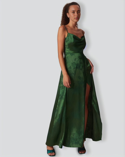 The Green Cowl Neck Jacquard Satin Maxi Dress