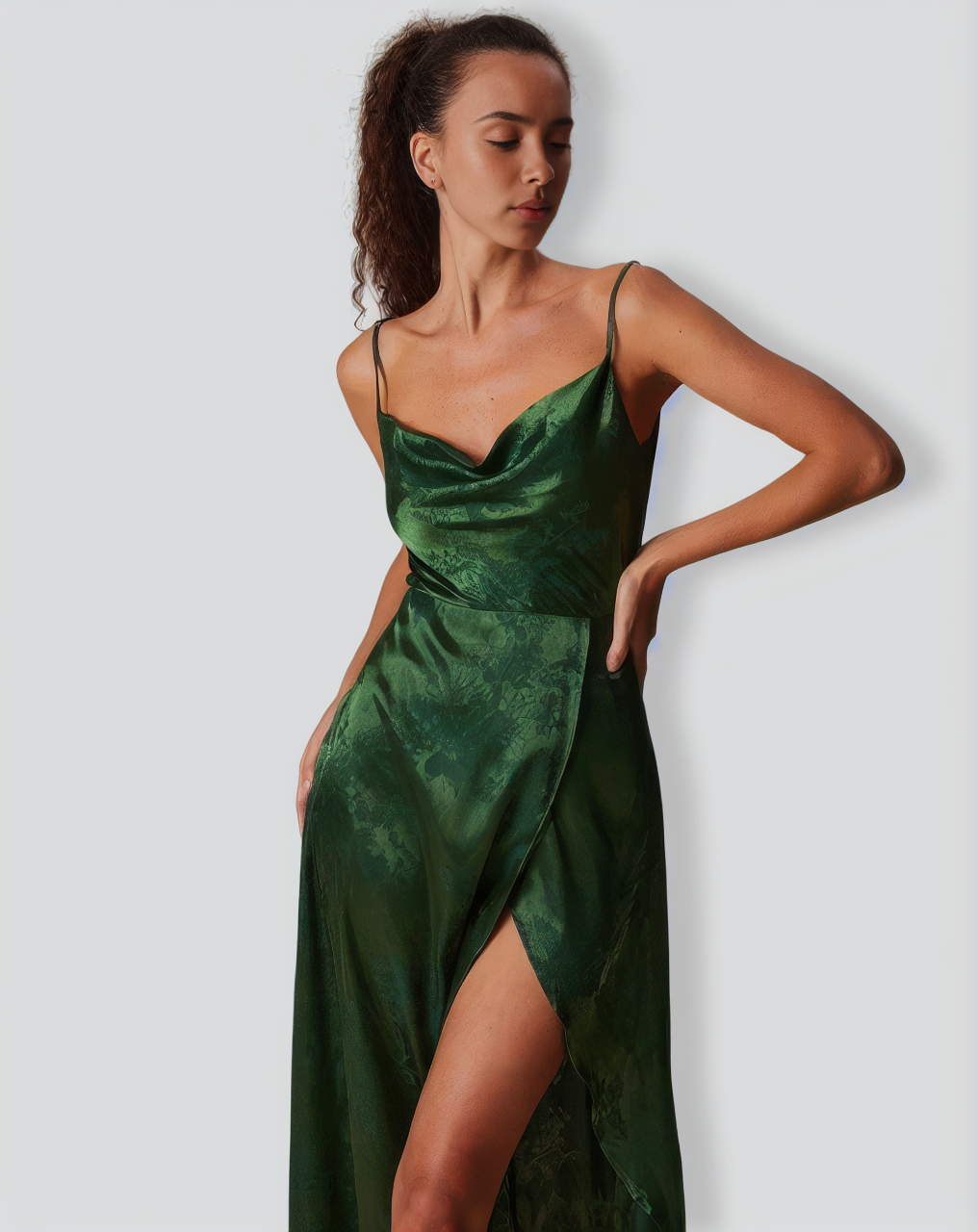The Green Cowl Neck Jacquard Satin Maxi Dress