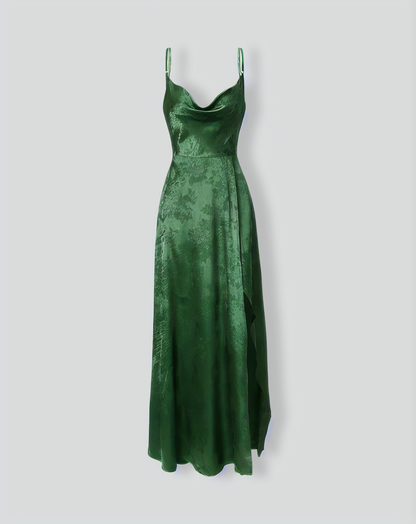 The Green Cowl Neck Jacquard Satin Maxi Dress