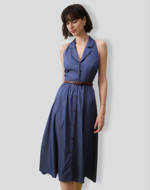 The Blue Lapel Tunic Sleeveless Midi Dress