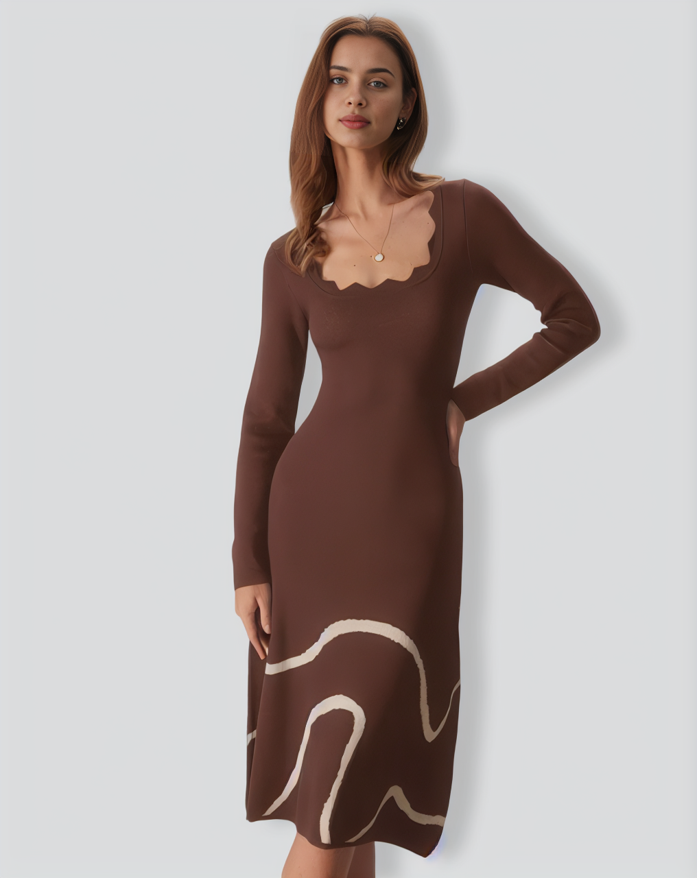 Coffee Wave Scalloped Sweater Midi Dress