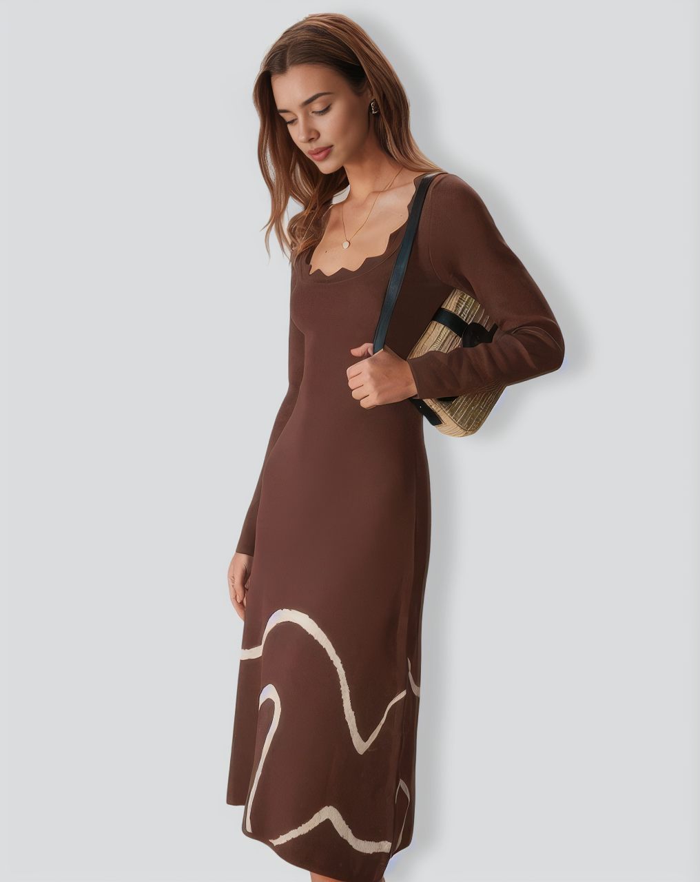 Coffee Wave Scalloped Sweater Midi Dress