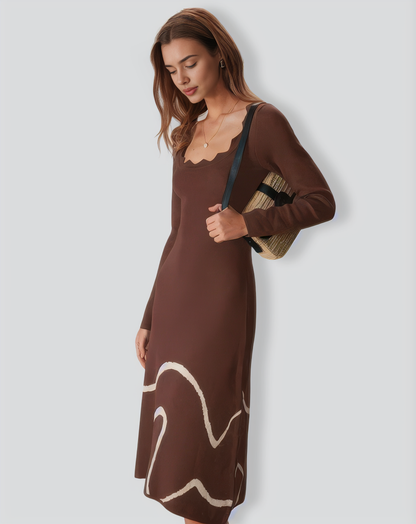Coffee Wave Scalloped Sweater Midi Dress