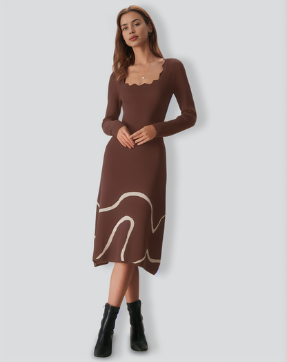 Coffee Wave Scalloped Sweater Midi Dress