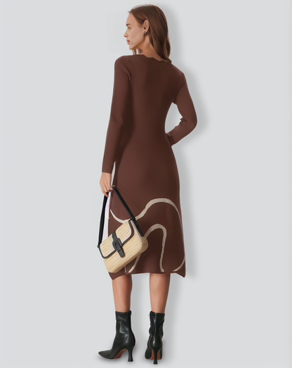 Coffee Wave Scalloped Sweater Midi Dress