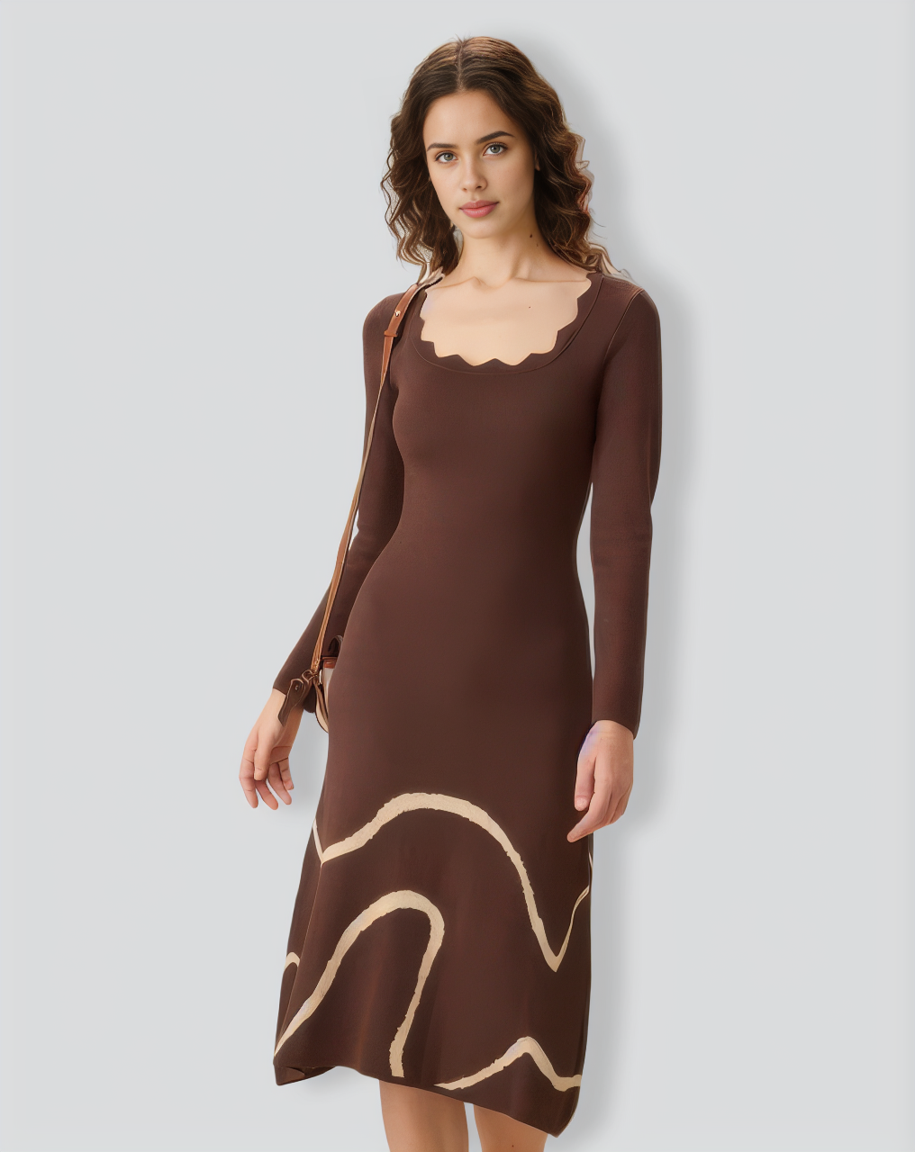 Coffee Wave Scalloped Sweater Midi Dress