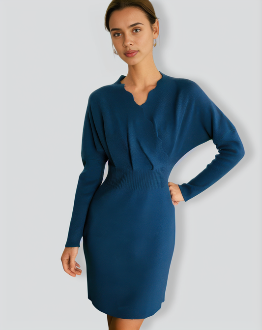 The Blue V Neck Scalloped Sweater Mini Dress