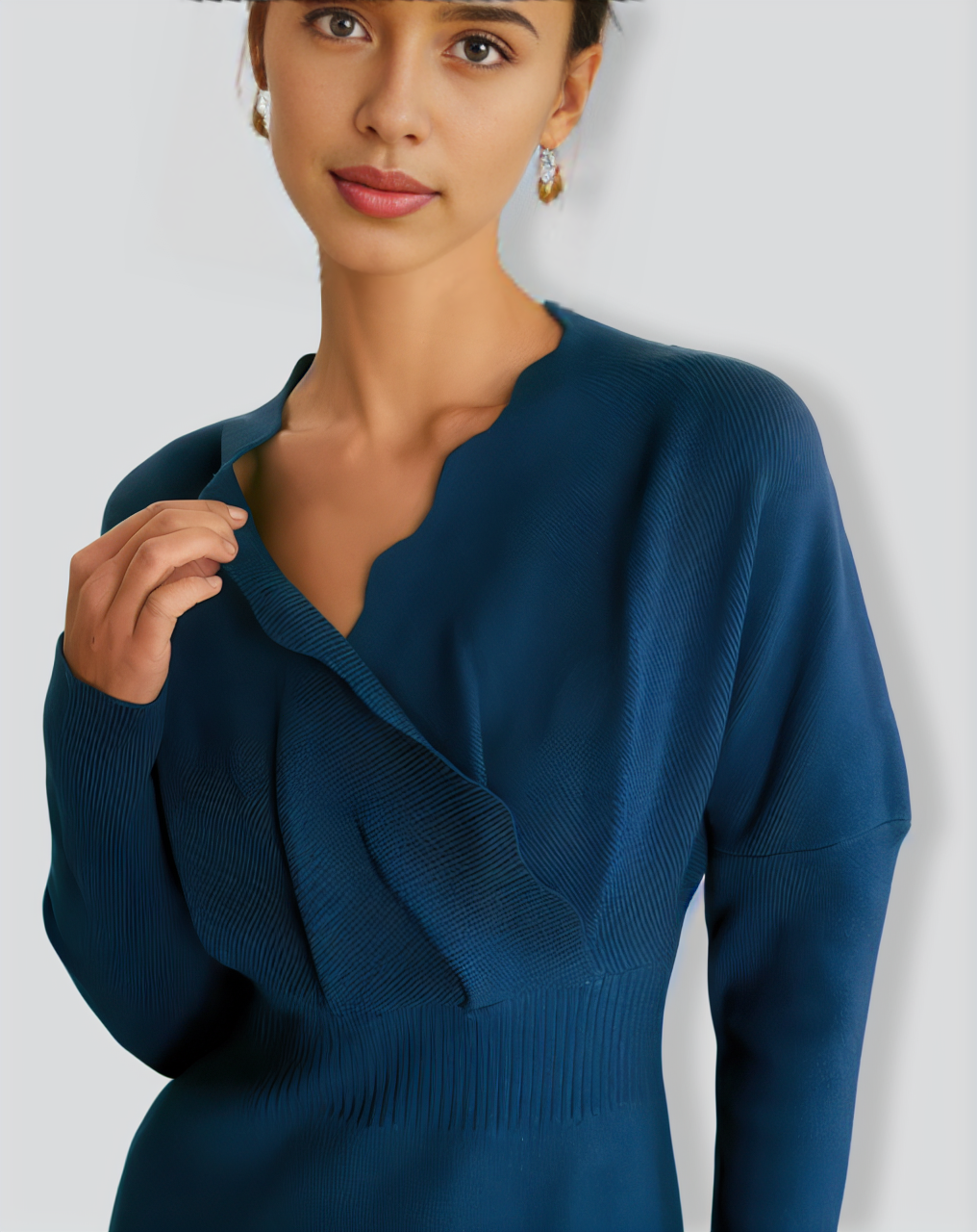 The Blue V Neck Scalloped Sweater Mini Dress