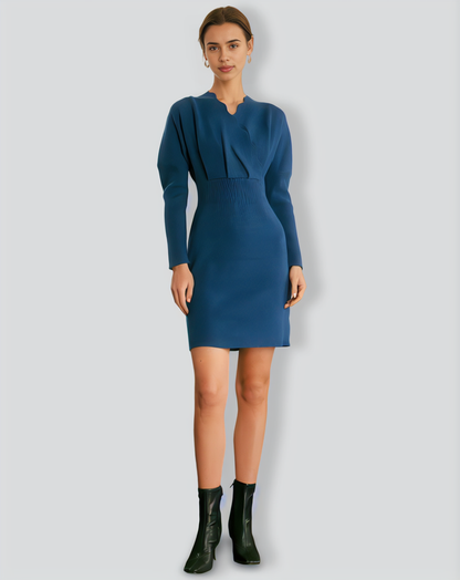 The Blue V Neck Scalloped Sweater Mini Dress