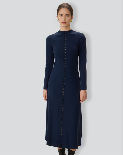 Blue Crew Neck Button Sweater Dress