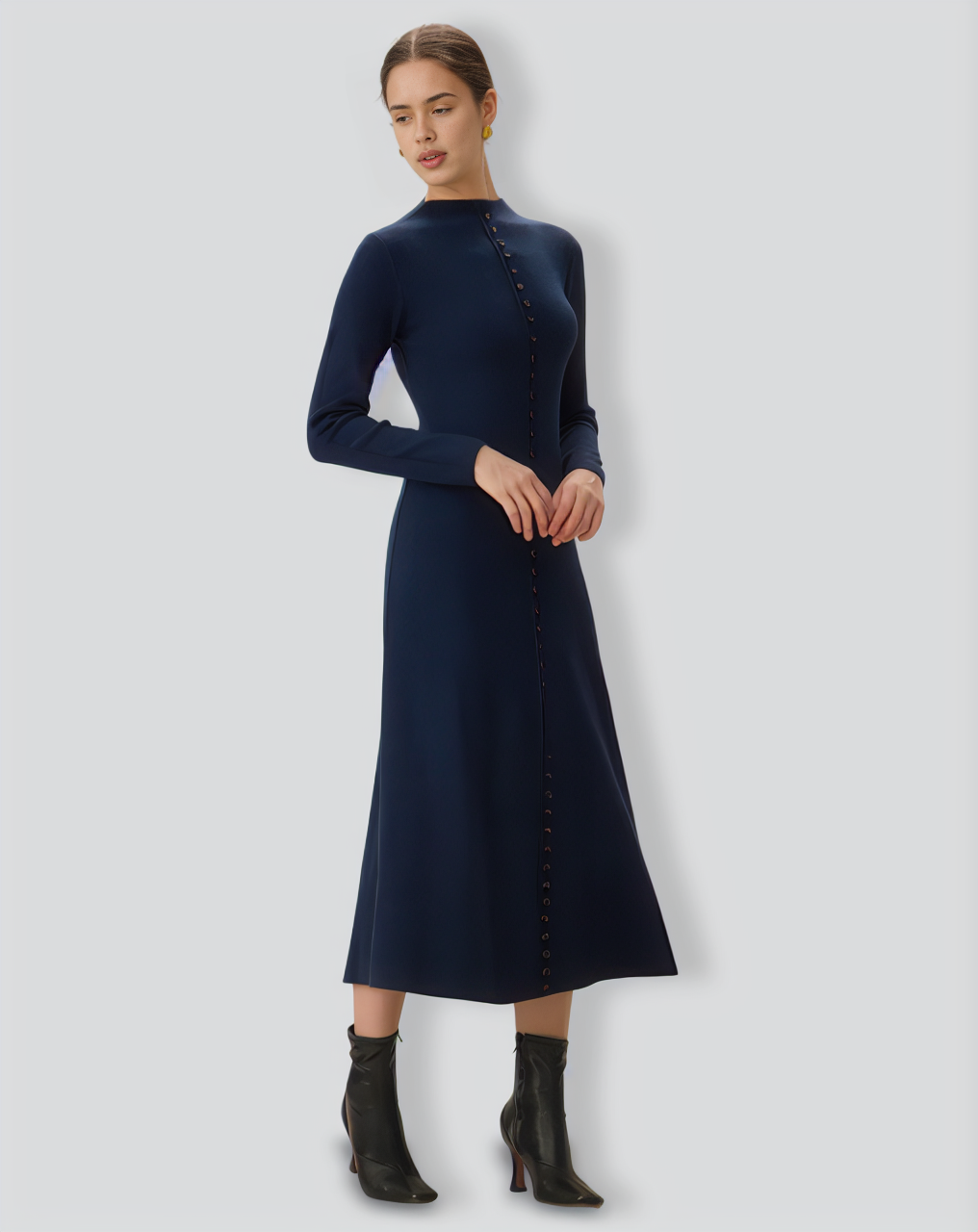 Blue Crew Neck Button Sweater Dress