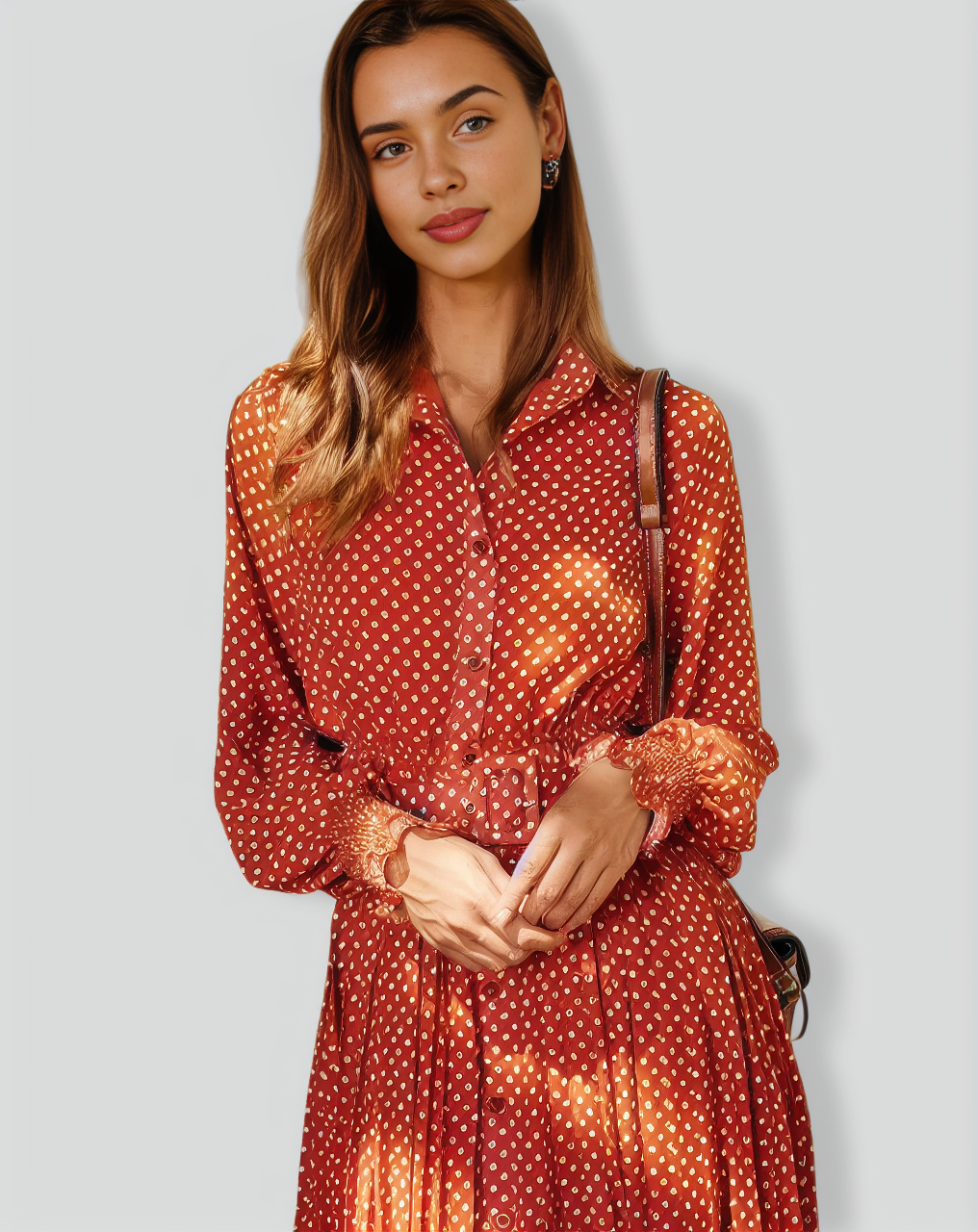 The Orange Lapel Polka Dot Pleated Midi Dress