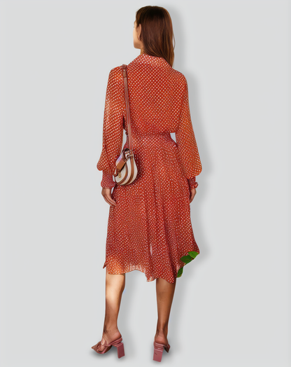 The Orange Lapel Polka Dot Pleated Midi Dress
