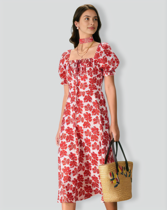 The Red Square Neck Floral Ruched Midi Dress