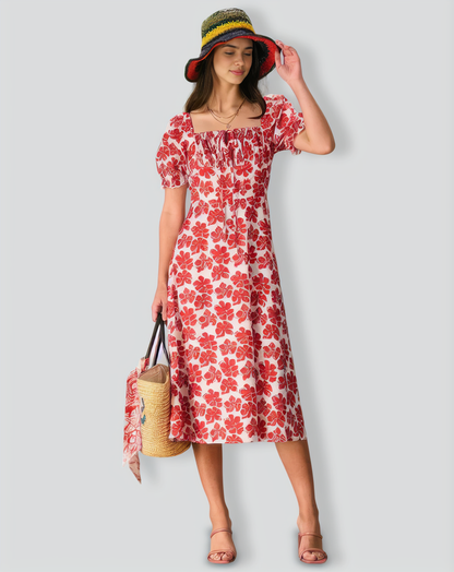 The Red Square Neck Floral Ruched Midi Dress