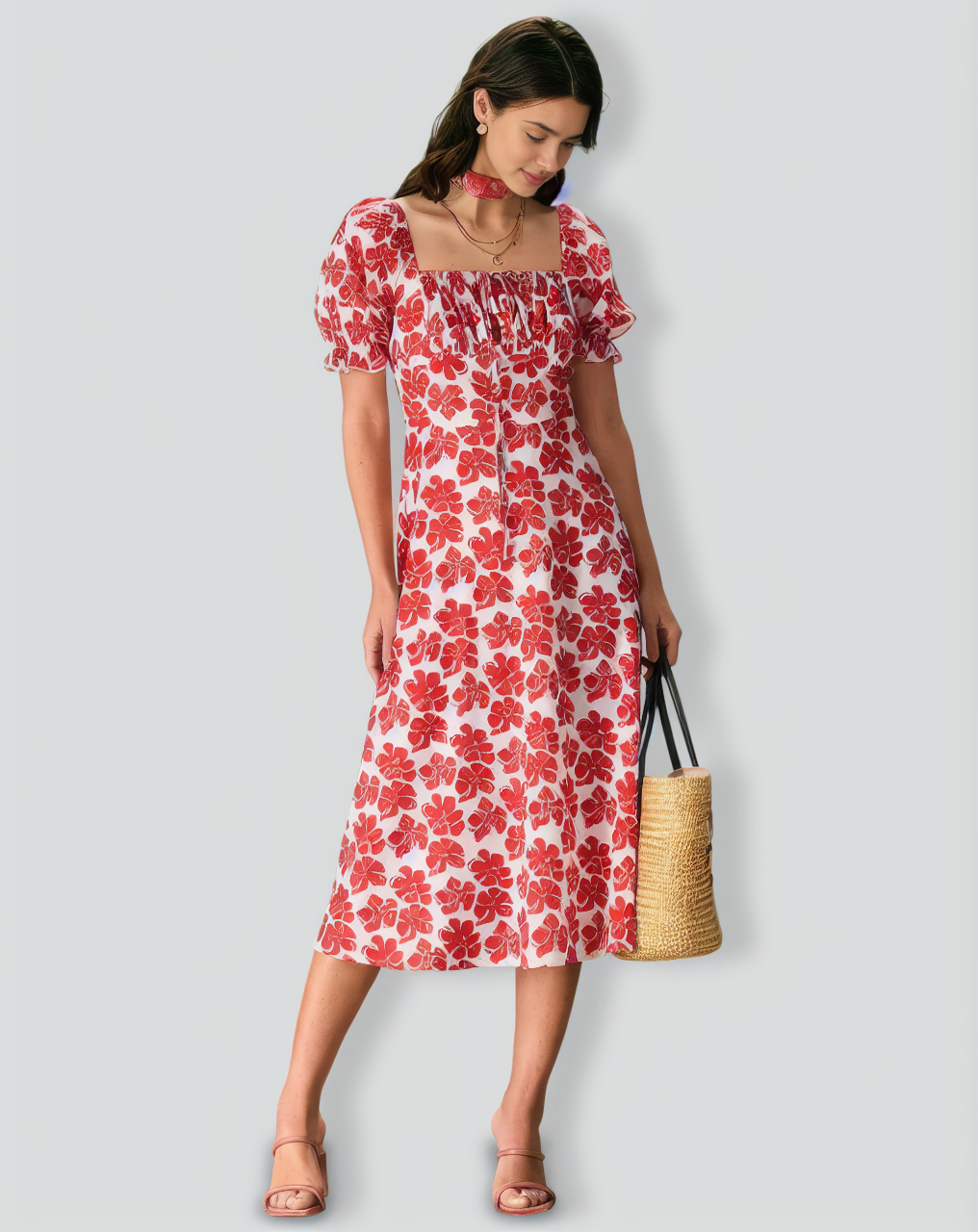 The Red Square Neck Floral Ruched Midi Dress