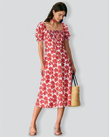 The Red Square Neck Floral Ruched Midi Dress