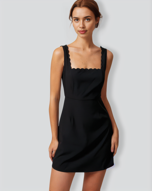 The Black Square Neck Scalloped Mini Dress