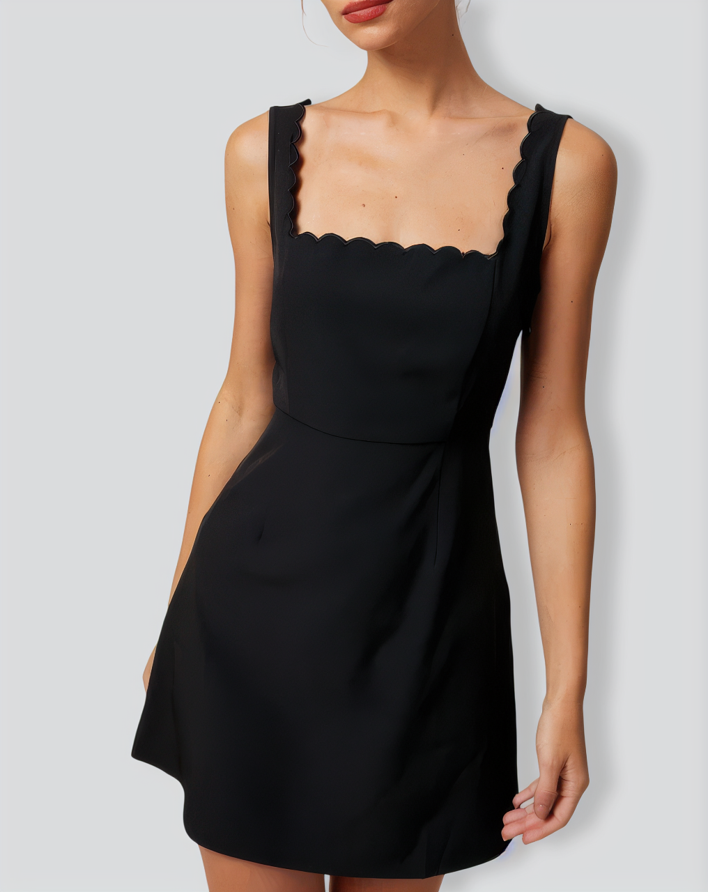 The Black Square Neck Scalloped Mini Dress