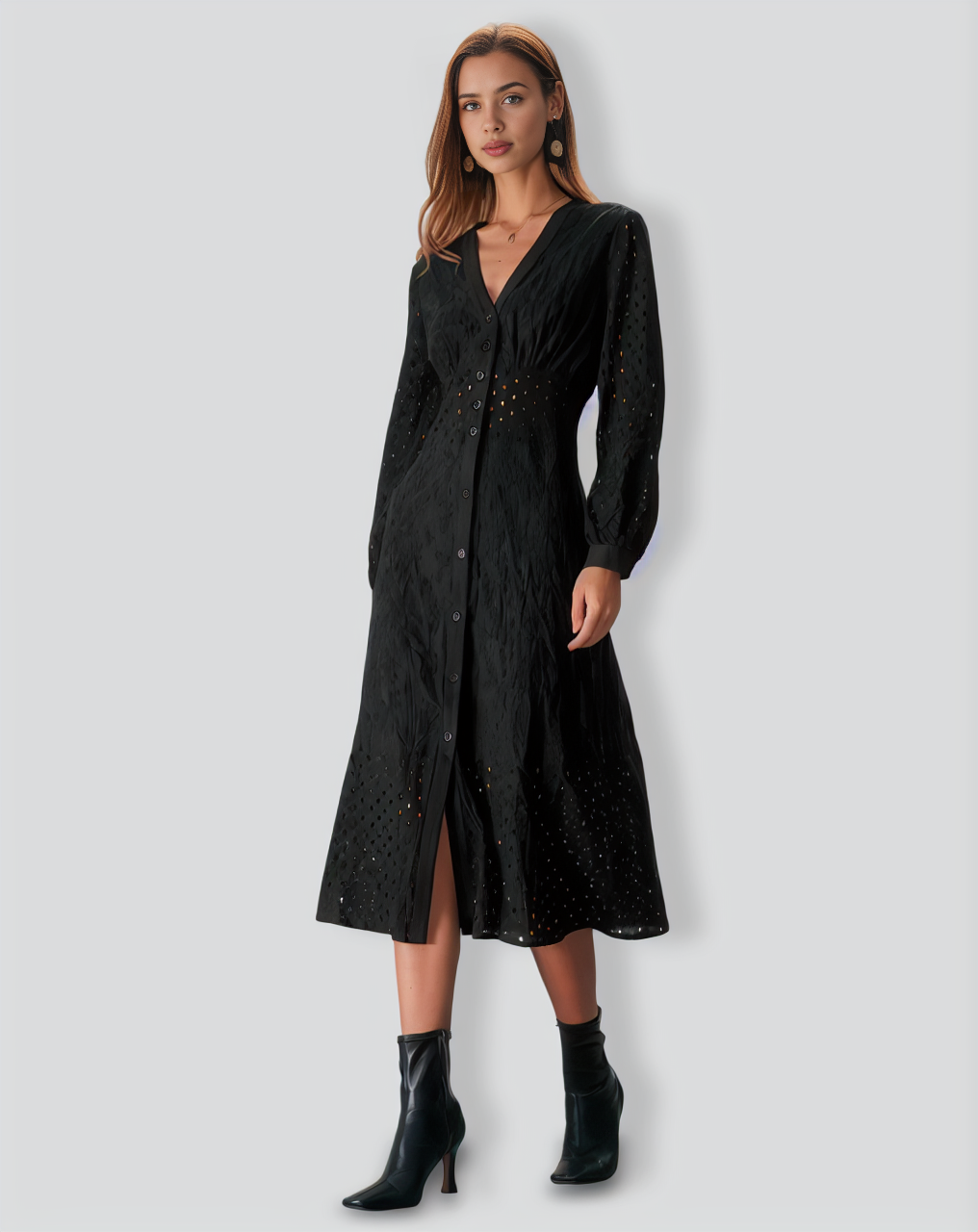 The Black V Neck Cutout Embroidery Midi Dress