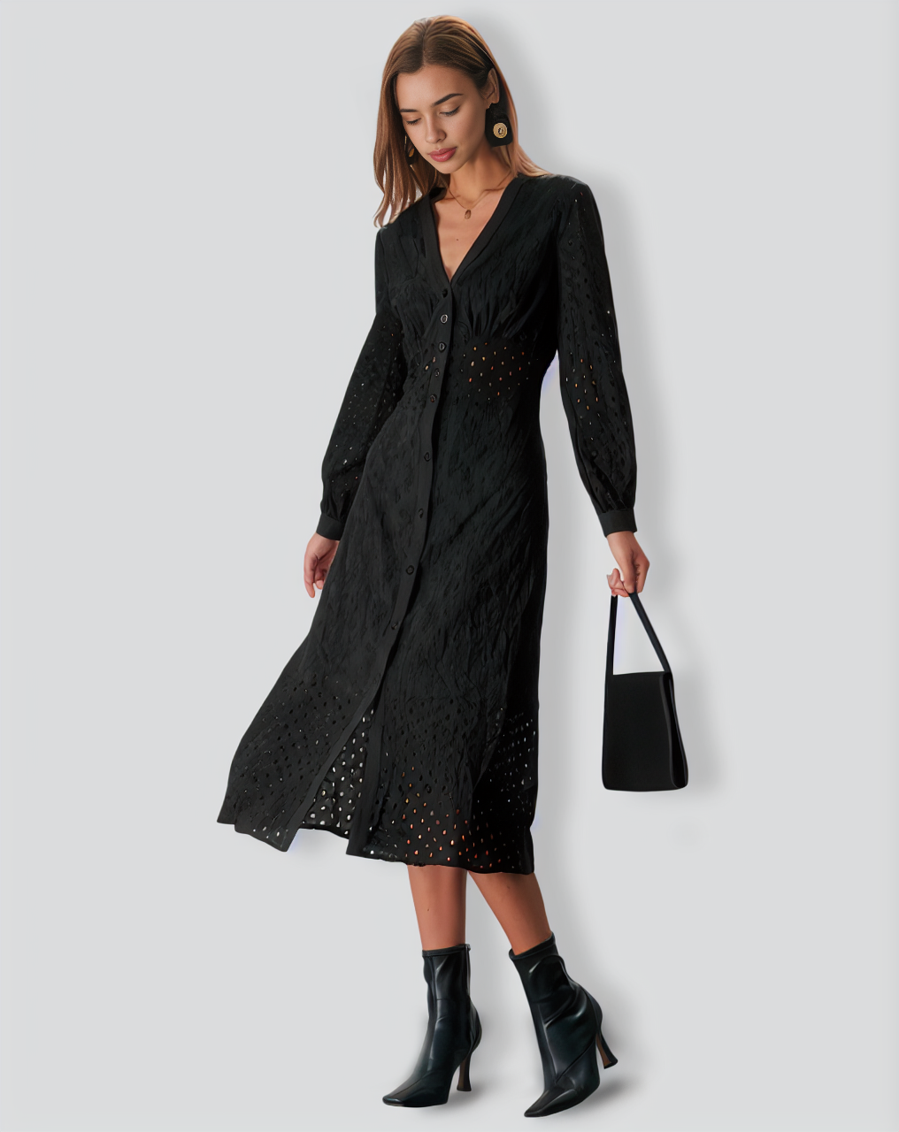 The Black V Neck Cutout Embroidery Midi Dress