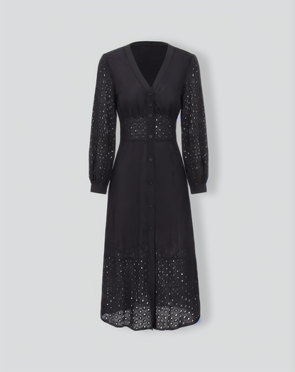 The Black V Neck Cutout Embroidery Midi Dress