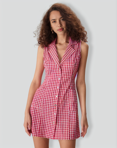 The Lapel Plaid Sleeveless Cotton Pocket Mini Dress