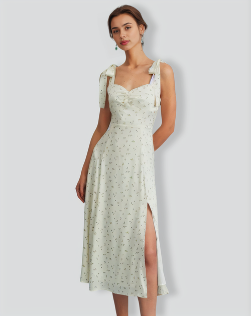 The Light Green Satin Floral Tie Strap Slit Midi Dress