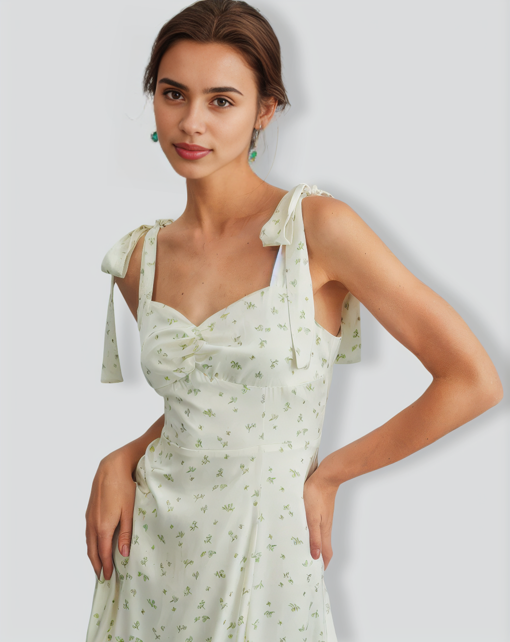 The Light Green Satin Floral Tie Strap Slit Midi Dress