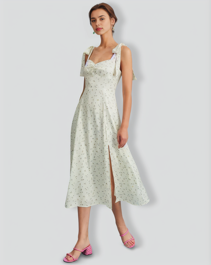 The Light Green Satin Floral Tie Strap Slit Midi Dress