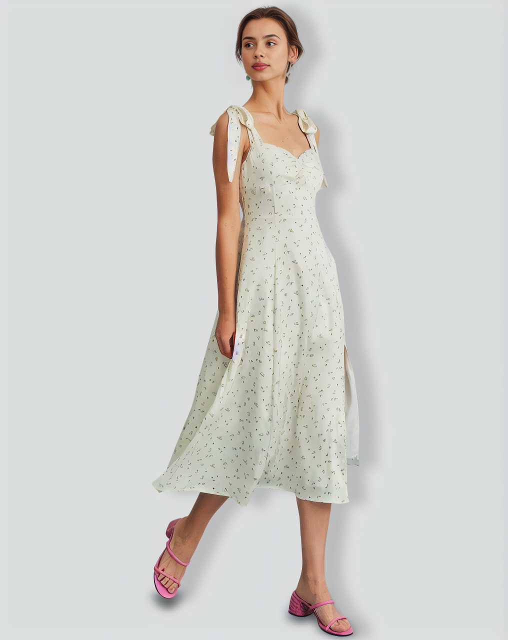 The Light Green Satin Floral Tie Strap Slit Midi Dress