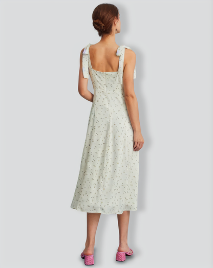 The Light Green Satin Floral Tie Strap Slit Midi Dress