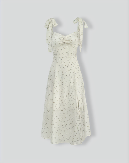 The Light Green Satin Floral Tie Strap Slit Midi Dress