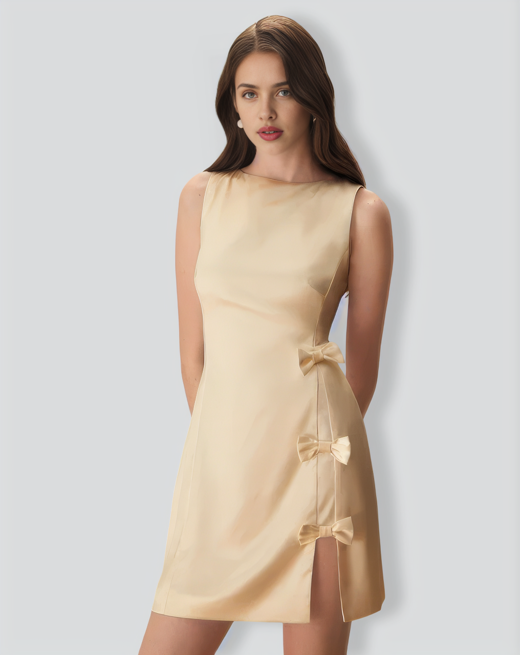 The Yellow Boat Neck Bowknot Satin Mini Dress